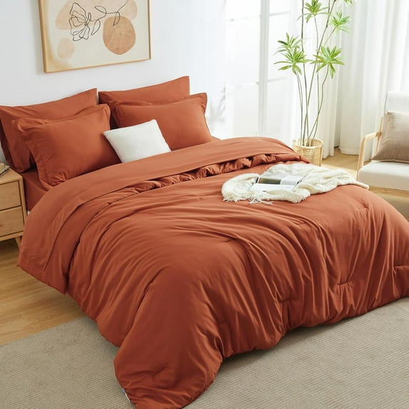 Full Comforter Set Burnt Orange, 7 Pieces Bed in a Bag Terracotta Comforter Set with Sheets, All Season Boho7PC Bed Sets with Comforter, Fitted Sheet, Flat Sheet, Pillow Shams and Pillowcases