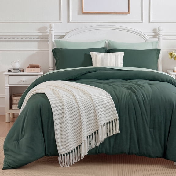 U by Bedsure Full Comforter Set Forest Green, 7 Pieces Reversible Bed in a Bag, Boho Lightweight Bedding Set, Contrasting Design