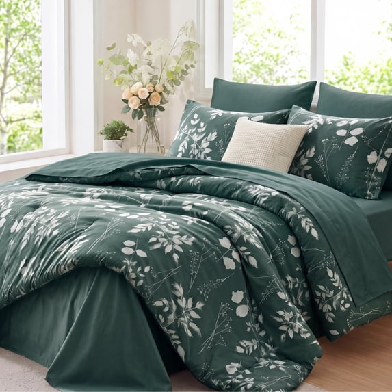 U by Bedsure Full Comforter Set Forest Green, Bed in a Bag Full Size Bedding, 7-Pieces Botanical Flowers Spring Comforter, Sheets, Pillowcases & Shams