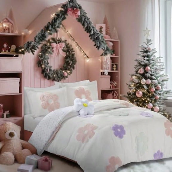 Full Comforter Set for Girls Tufted Chenille Floral Comforter Set Queen Lightweight Polka Dot Reversible Bed Set Shams Pillow Gracie Full/Queen White/Purple 4 Piece