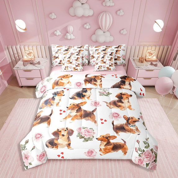 Full Comforter Set,7 Pieces Dachshund Bedding Sets Full Bed in a Bag with Reversible Romantic Rose Bed Set,Puppy Pet Comforter,Sheets,Pillowcases and Shams