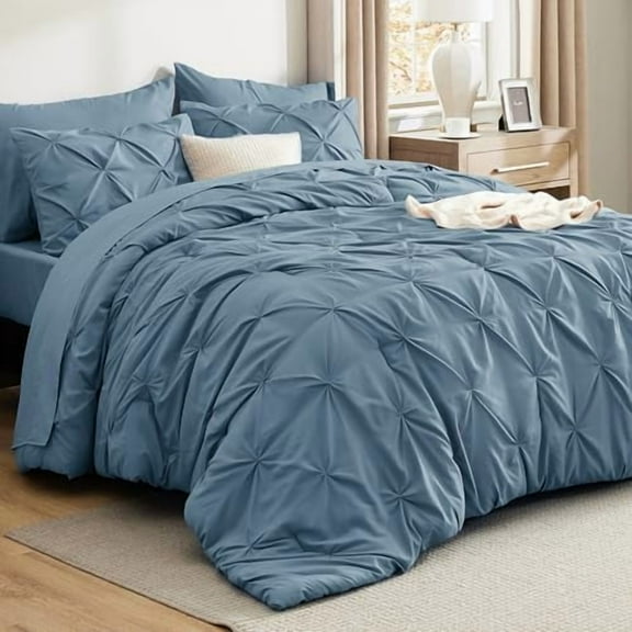 Full Comforter Set Mineral Blue - Bed in a Bag Full Size Bedding Set 7 Pieces, GentleSoft™ Pintuck Bed Set Gift for Family, Pinch Pleat All Season Comforter with Sheets, Pillowcases & Shams