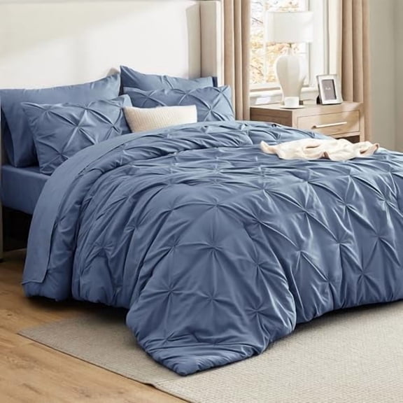 Full Comforter Set Slate Blue - Bed in a Bag Full Size Bedding Set 7 Pieces, GentleSoft™ Pintuck Bed Set Gift for Family, Pinch Pleat All Season Comforter with Sheets, Pillowcases & Shams