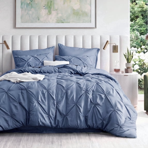 U by Bedsure Full Comforter Set Slate Blue, Bed in a Bag Full Size Bedding, 7 Pieces Pinch Pleat All Season Comforter with Sheets, Pillowcases & Shams