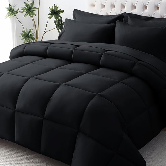 Full Comforter Set, Ultra-Soft Bed in a Bag Full Size 7 Pieces, Oeko-TEX Certified Bedding Set with Down Alternative Comforter, Sheets, Pillowcases & Shams, Black