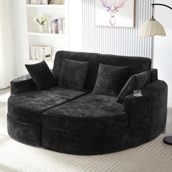 Full-Compressed Chaise Sofa 80" Curved Chaise Lounge Sofa Boneless Couch Upholstered Sofa Bed with Two Cup Holders for Living Room (Black)