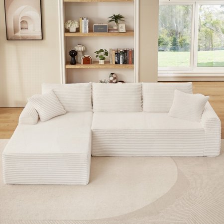 Modern Corduroy Sectional Sofa 220cm with Arched Armrests & Non-Slip Base