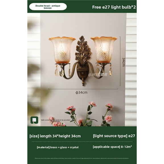 Full Copper French Crystal Wall Sconce, American Vintage LED Light Fixture for Villa Living Room, Bedroom Bedside, Hallway, Foyer Decorative Lighting