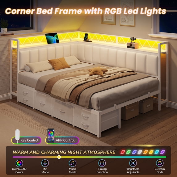 Full Corner Bed Frame with 6 Storage Drawers and Upholstered Storage Headboard, Daybeds with LED Light & Charging Station for Teens/Adult, Full Size Bed Frame, White
