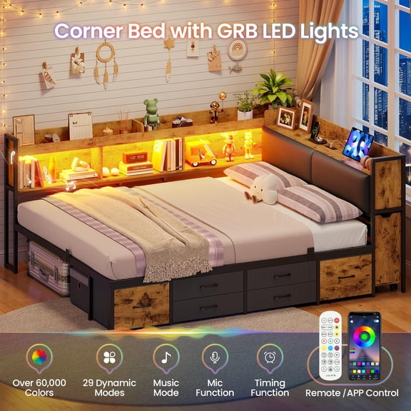 Upholstered Full Corner Bed Frame & Storage, 14''H Under LED Daybed Frame with Pull-Out Cabinet and Charging Station & 6 Drawers Underneath for Living Room,Bedroom & Guest Room, Vintage Brown& Black