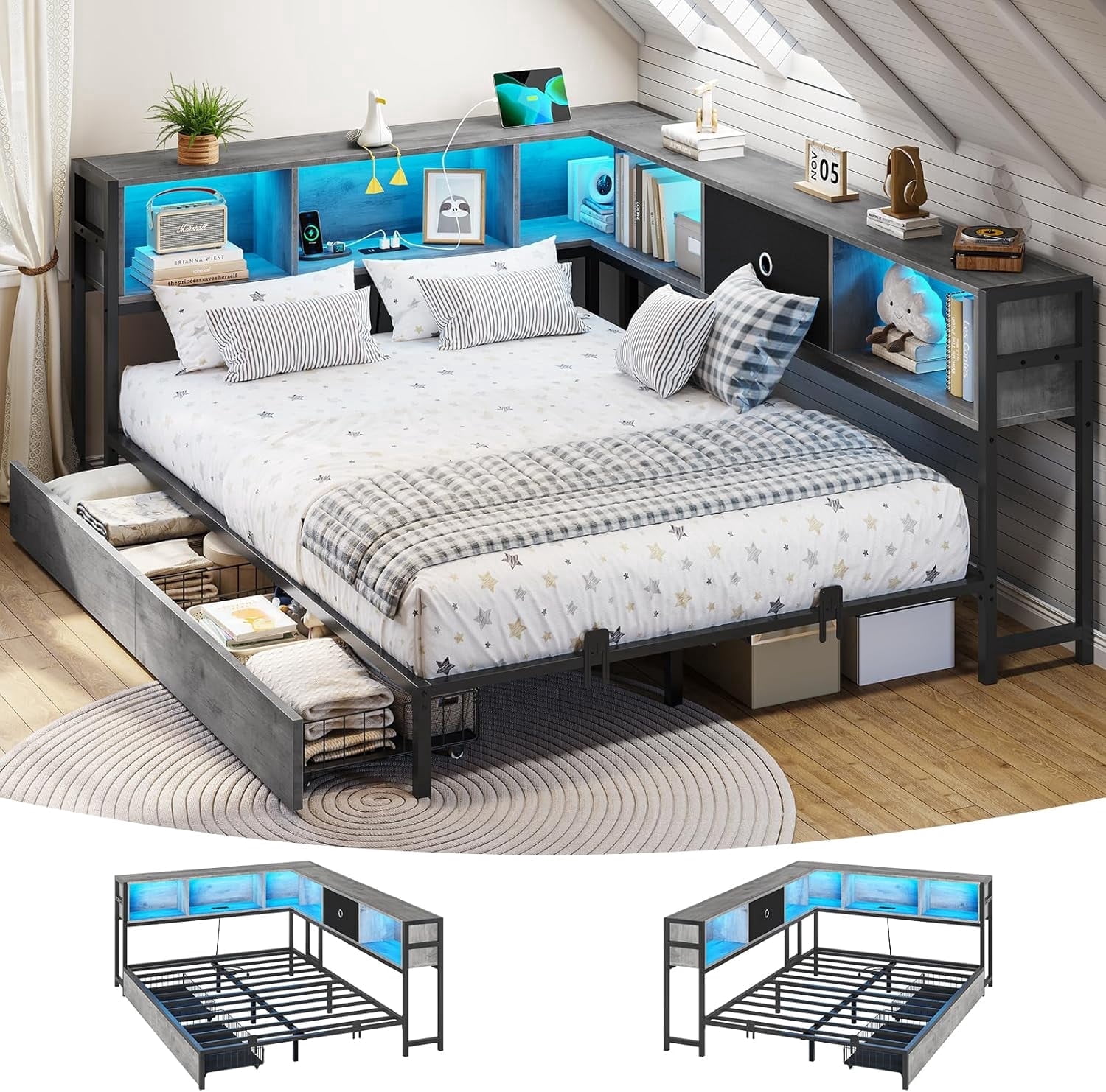 Full Corner Bed Frame with Bookcase Storage and Led Lights,Full Daybed Frame with Charging Station,Metal Platform Bed Frame with Storage Drawers Underneath for Living Room,Bedroom & Guest Room,Gray