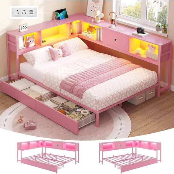 Full Corner Bed Frame with Bookcase Storage & Led Lights,Full Daybed Frame with Charging Station,Metal Platform Bed Frame with Storage Drawers Underneath for Living Room,Bedroom & Guest Room,Pink