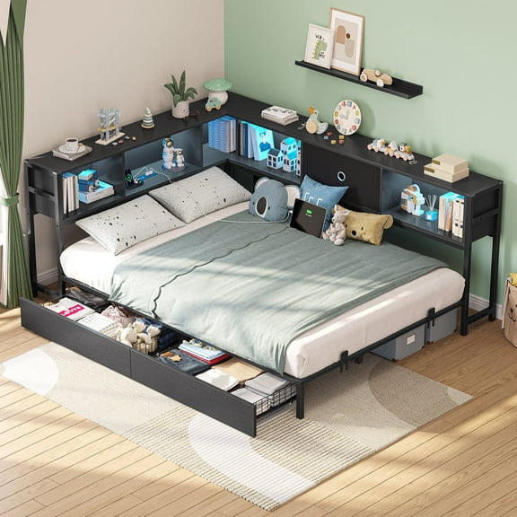 Full Corner Bed Frame with Bookcase Storage and Led Lights,Full Daybed Frame with Charging Station,Metal Platform Bed Frame with Storage Drawers Underneath for Living Room,Bedroom & Guest Room,Black