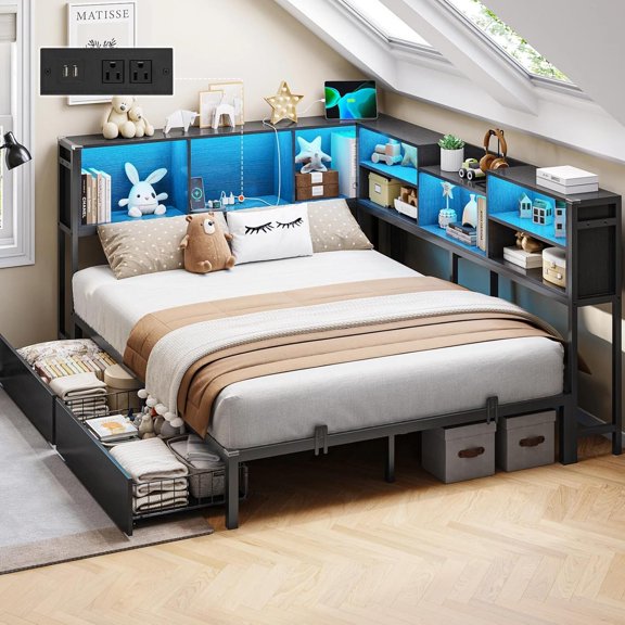 Full Corner Bed Frame with Bookcase Storage and Led Lights Metal Platform Bed Frame with 2 Drawers and Charging Station Full Size Daybed with Storage for Living Room,Bedroom,Guest,Black