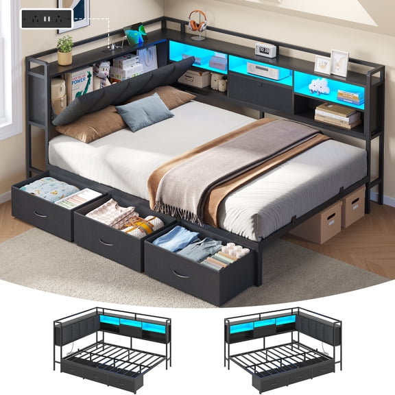 Full Corner Bed Frame with Hidden Storage Headboard and 3 Drawers, Metal Corner Daybed with LED Lights & Charging Station, Full Size Upholstered Bed Frames for Teens/Adults, Black