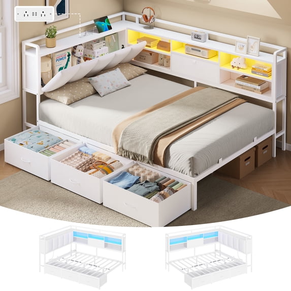 Full Corner Bed Frame with Hidden Storage Headboard and 3 Drawers, Metal Corner Daybed with LED Lights & Charging Station, Full Size Upholstered Bed Frames for Teens/Adults, White