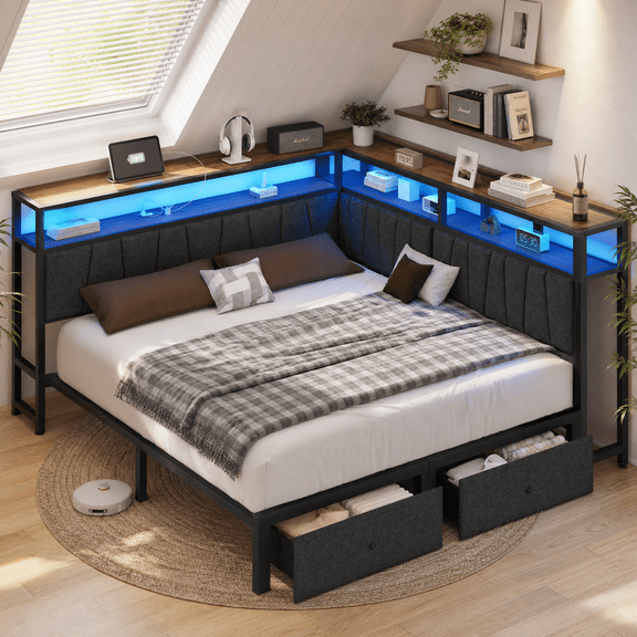 Full Corner Bed Frame with Storage Drawers, LED Lights and Charging Station, Modern Full Size Bed Frame Metal Platform with Linen Upholstered Guardrail, Dorm Bedroom Daybed for Teen Adult, Gray