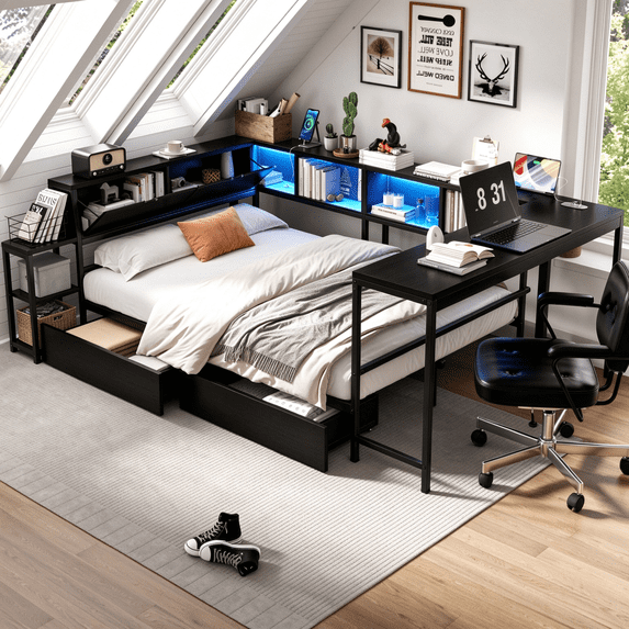 Full Corner Bed Frame with Bookcase and 2 Storage Drawers, LED Lights ...
