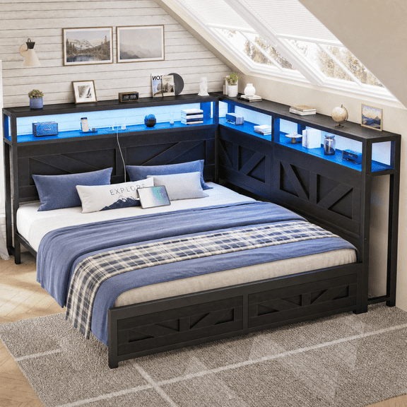 Full Corner Bed Frame with with Bookcase Storage and Headboard, Full Size Daybed Frame with LED Lights and Charging Station for Bedroom, Black