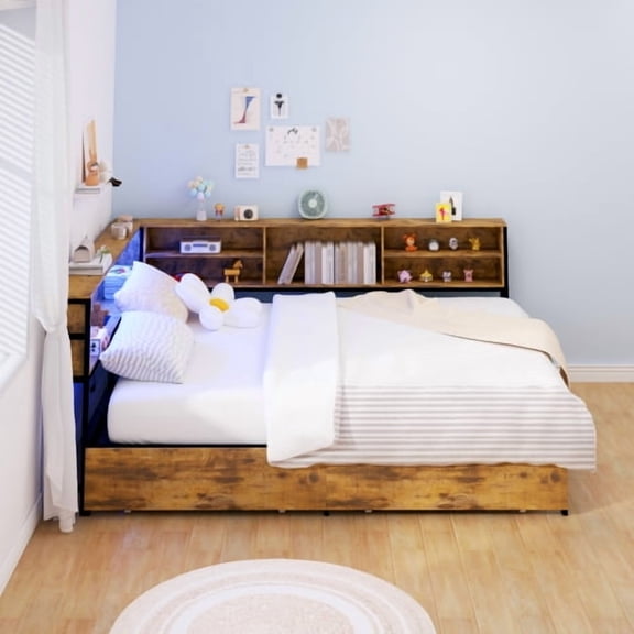 Full Corner Daybed with Storage, Bookcase Headboard, LED Light & Built-in Charging Station, Modern Space-Saving Bed Frame for Bedroom, Apartment, Dorm, Brown