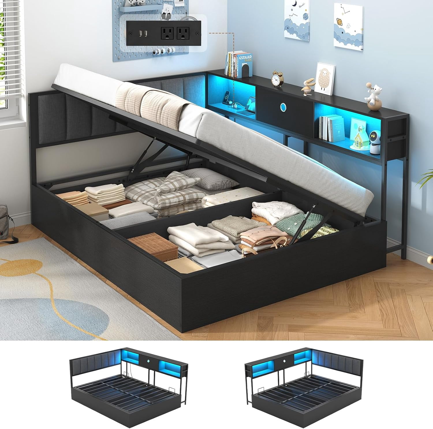 Full Corner Lift Up Storage Bed Frame with Bookcase Storage and ...