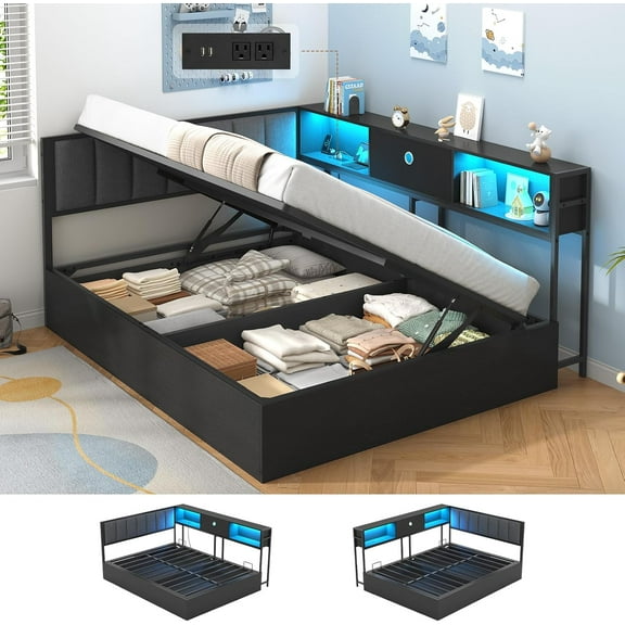 Full Corner Lift Up Storage Bed Frame with Bookcase Storage and Charging Station, Full Size Lift Up Daybeds with Led Lights, Metal Upholstered Platform Bed Frame for Teens Guests, Black