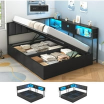 Full Corner Lift Up Storage Bed Frame with Bookcase Storage and Charging Station, Full Size Lift Up Daybeds with Led Lights, Metal Upholstered Platform Bed Frame for Teens Guests, Black