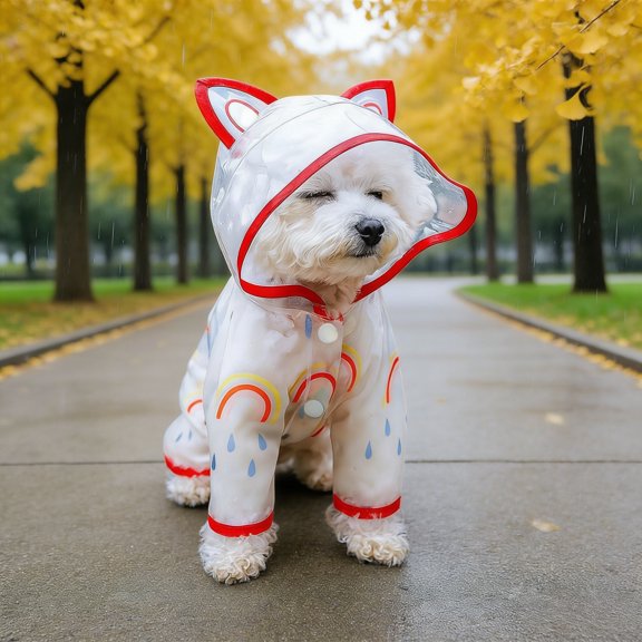 Full Coverage 4-Leg Dog Raincoat With Rainbow & Raindrop Print Hooded Reflective Pet Rain Jacket With Leash Hole For Small Dogs Outdoor Walking(Red-Xs)
