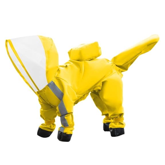 Full Coverage 4 Leg Waterproof Dog Raincoat with Integrated Non- Rain Boots, Clear Vision Hooded Dog Rain Jacket with Reflective Safety Strips & Leash Access Hole, Breathable(Yellow,S)