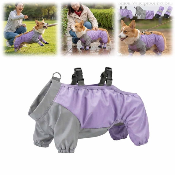 Full Coverage 4-Legged Dog Raincoat Waterproof All-Weather Pet Jumpsuit with Detachable Hood Anti- Dog Outfit Set for Small Medium Dogs Corgi Outdoor Walking(L)