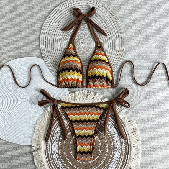 Full Coverage Bikini, Two Piece Swimsuit for Women, Womens Bikini Swimsuits, Women's Colorblock Stripes Triangle Halter Tied Cheeky Thong Bikini Set High Cut Two Piece Bathing Suit, Coffee M