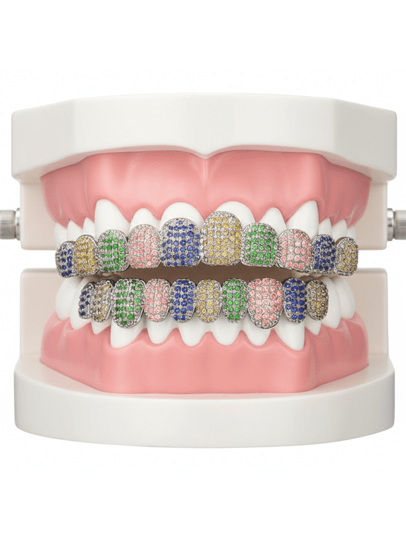 Full-Coverage Copper Teeth Grillz Set, Multi-Color CZ Stones Iced-Out Design, Hip Hop Dental Jewelry for Men & Women, Top & Bottom Dental Grill