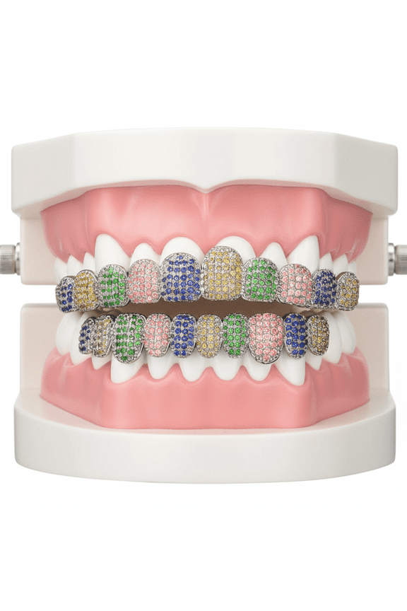 Full-Coverage Copper Teeth Grillz Set, Multi-Color CZ Stones Iced-Out Design, Hip Hop Dental Jewelry for Men & Women, Top & Bottom Dental Grill