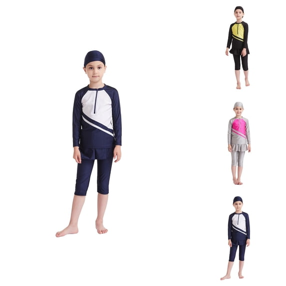 Full Coverage Long Sleeve Swim Dress with Skirt, Zip Front Rash Guard Set with Leggings, Color Block Modest Swimwear for Girls – Beach Pool Swimming