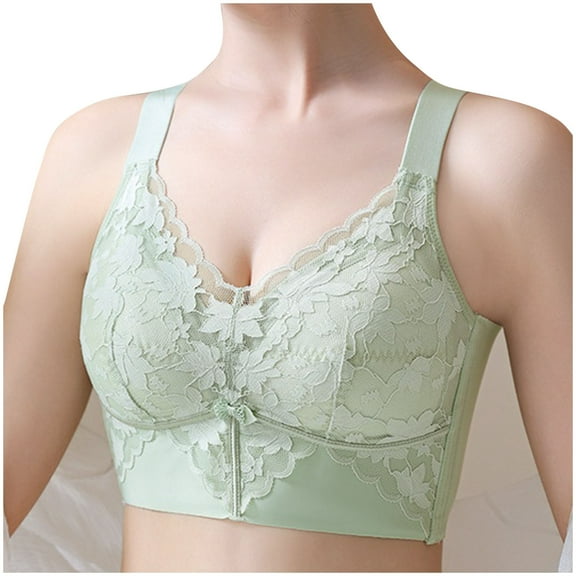 Full Coverage No Underwire Bras for Women Fashion Floral Lace Wider Straps Push Up Soft Wireless Comfort Bra (XL, Green)