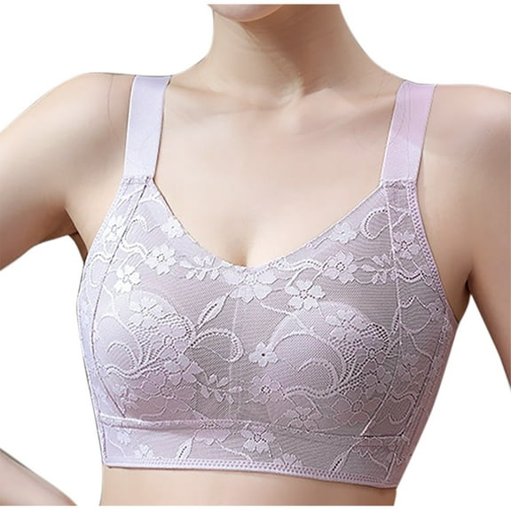 Full Coverage No Underwire Bras for Women Fashion Floral Lace Wider Straps Push Up Soft Wireless Comfort Bra (XL, Purple)