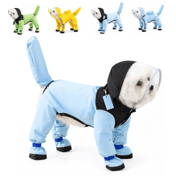 Full-Coverage Pet Raincoat Waterproof 4 Leg Dog with Hood Attached Boots Windproof Reflective Leash Hole Small Dogs One-Piece Jacket All Weather Outdoor Easy to Wear Protection