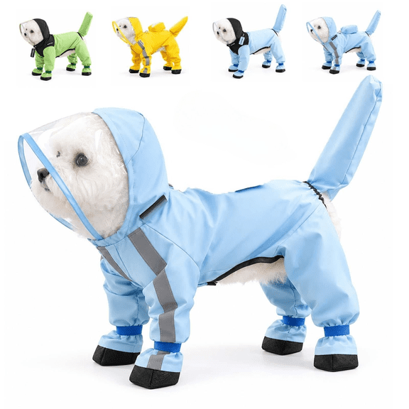 Full-Coverage Pet Raincoat Waterproof 4 Leg Dog with Hood Attached Boots Windproof Reflective Leash Hole Small Dogs One-Piece Jacket All Weather Outdoor Easy to Wear Protection