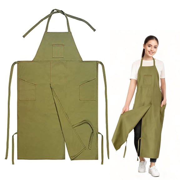 Full Coverage Split Leg Apron, Green Polyester Canvas Apron with Multiple Pockets, Suitable for Pottery, Gardening, Cooking, BBQ, Adjustable Neck Strap, 44.9 x 29.9 in / 114 x 76 cm