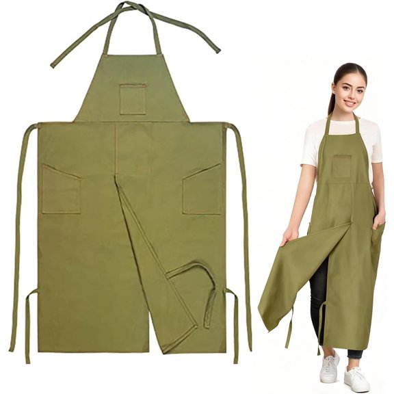 Full Coverage Split Leg Apron, Pottery Apron, Green Polyester Canvas Apron with Multiple Pockets, Suitable for Pottery, Gardening, Cooking, BBQ, Adjustable Neck Strap