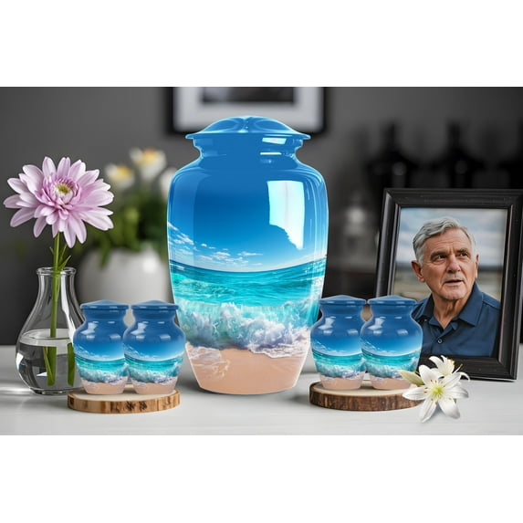 Full Cremation Urn Set for Family – Ocean and Sky Ashes Memorial with Four Keepsakes – Blue Beach Tribute – 10" Large + 4x 3" Keepsakes
