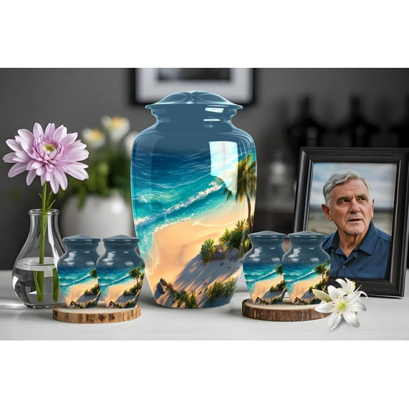 Full Cremation Urn Set for Family – Tropical Sunset Beach Ashes Memorial with 4 Keepsakes – Ocean Tribute – 10" Large + 4x 3" Keepsakes