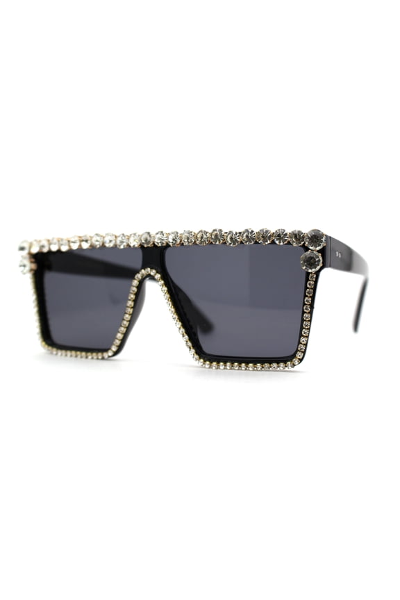 Full Crowned Rhinestone Flat Top Horned Diva Sunglasses All Black