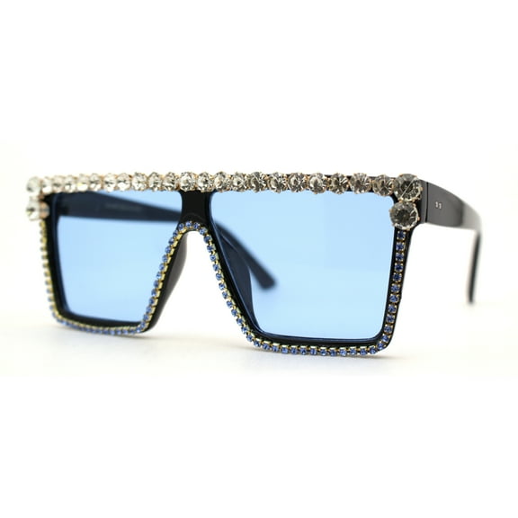 Full Crowned Rhinestone Flat Top Horned Diva Sunglasses Black Blue
