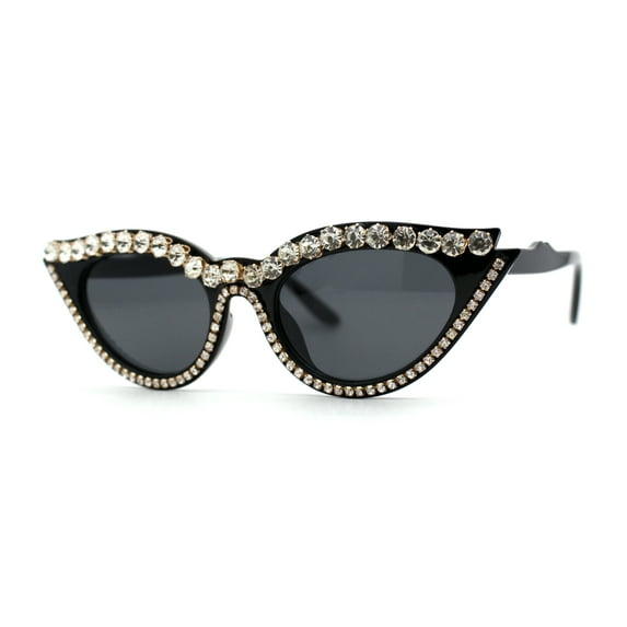 Full Crowned Rhinestone Studed Classic 20s Gothic Cat Eye Sunglasses All Black