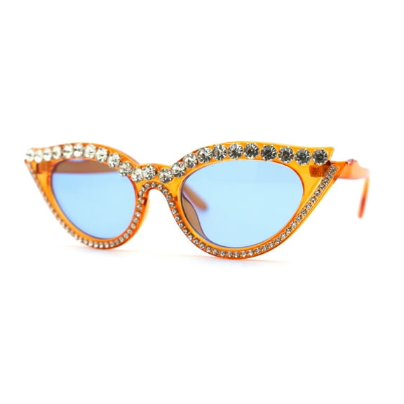 Full Crowned Rhinestone Studed Classic 20s Gothic Cat Eye Sunglasses Orange Blue