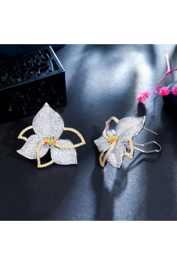Full Cubic Zirconia 2 Tones 925 Silver Big Geometric Flower Women Stud Earrings