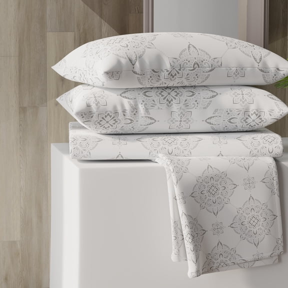 Color Sense 4-Piece Brushed Percale Cotton Blend Bedsheet Set, Cool & Crisp, Breathable, Wrinkle Resistant, Full, Damask Gray