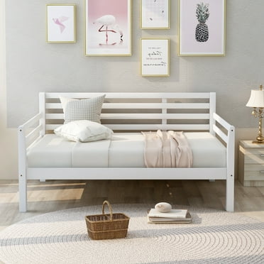 Full Daybed Frame, Solid Wood Full Size Daybed with Sturdy Slats Support and Headboard, Space Saver Platform Sofa Bed for Living Room Bedroom, No Box Spring Needed, for Kids Teens Adults, White, D1489