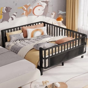Full Daybed with Rails, Metal Platform Bed Frame with Guardrails & Safety Rails, Full Size Daybed with Detachable Side Rails, Low Profile Full Metal Bed Frame for Bedroom, Guest Room (Black)